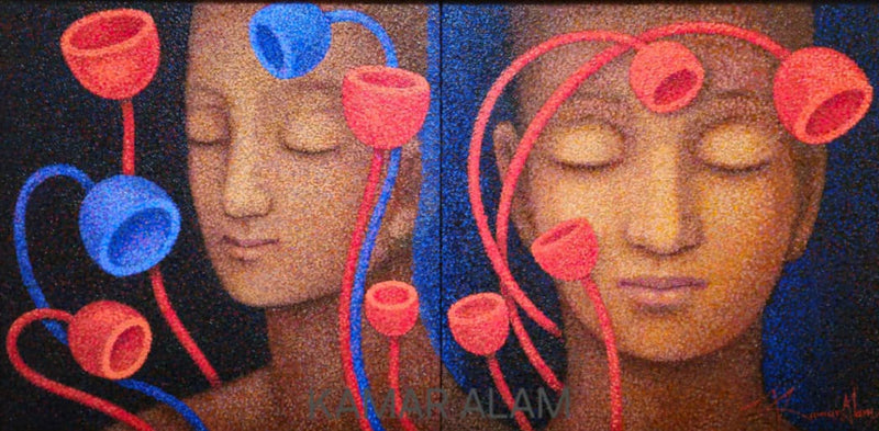 Artistic depiction of a couples face with red and blue  blossoms on a dark backdrop indicating the blossoming of relationship.