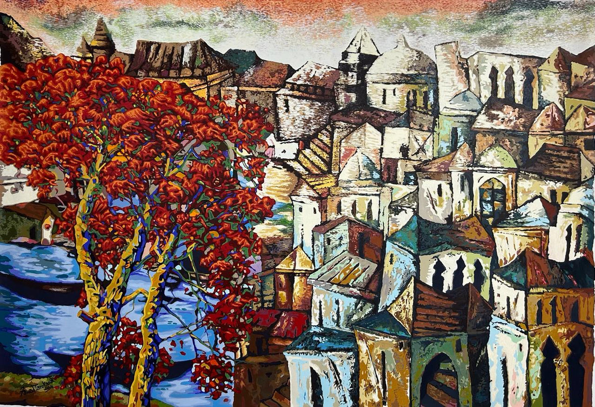 A beautiful cityscape of a seaside town beckons with a red tree blooming in the foreground. Artwork by prominent artist Fawad Tamkanat