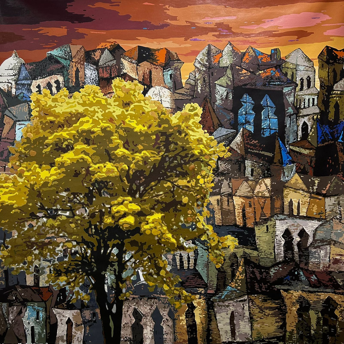 A beautiful cityscape with orange hued dusk overlooking a town beckons with a yellow tree blooming in the foreground. Artwork by prominent artist Fawad Tamkanat