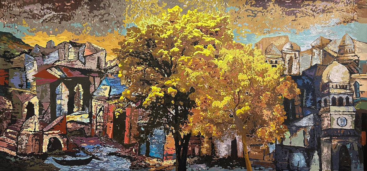 Fawad Tamkanat Paints a mesmerising town by a water body. Dawn shines through in the sky as a yellow blooming tree comes to life in foreground and boats appear in the water