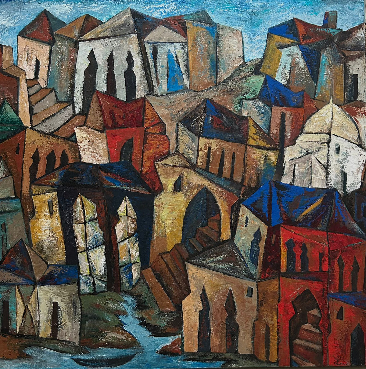 Fawad Tamkanat  cityscape painting with usage of Cubist and abstract elements.