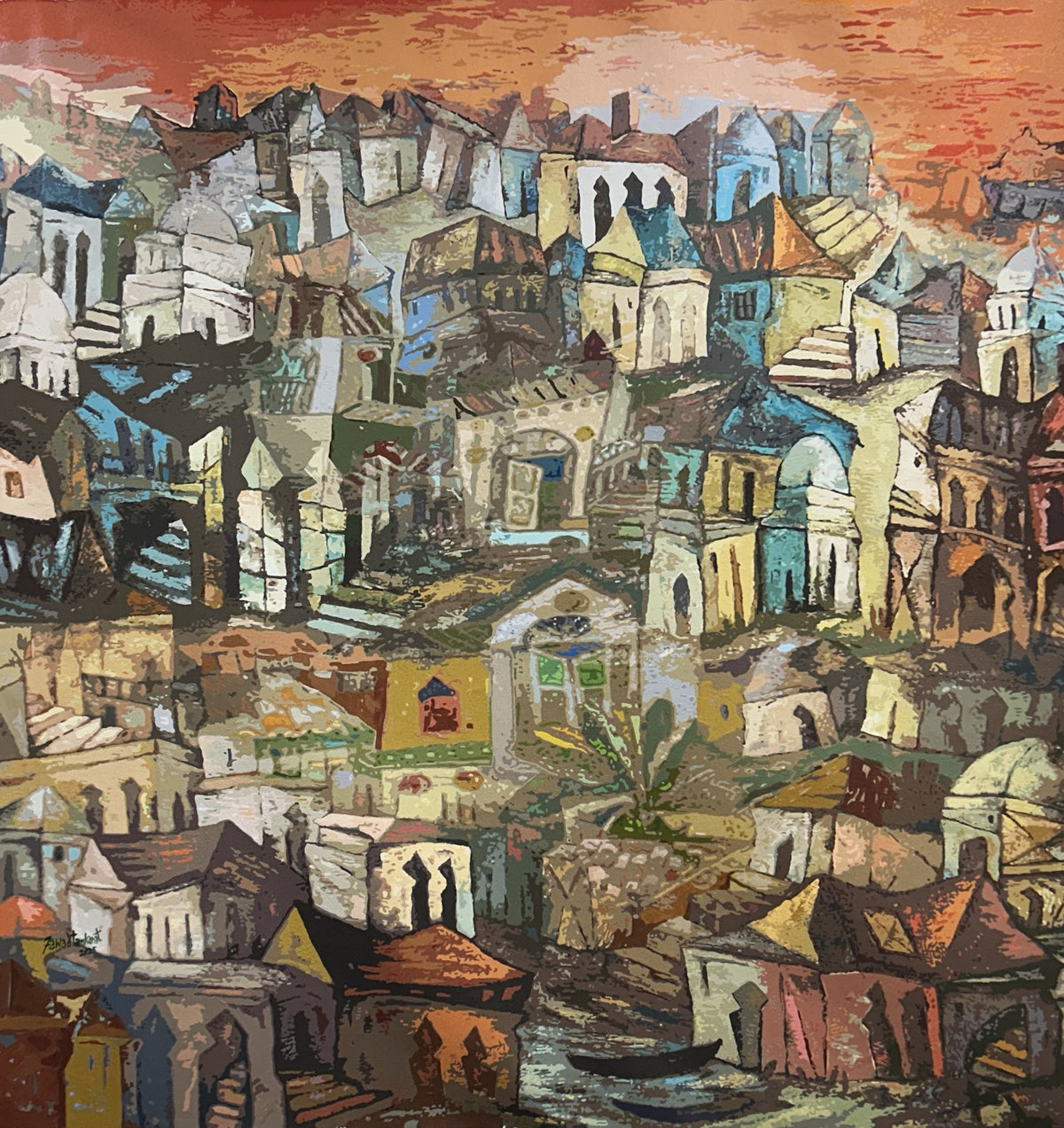 Colorful abstract cityscape painting with various buildings and structures by fawad Tamkanat.