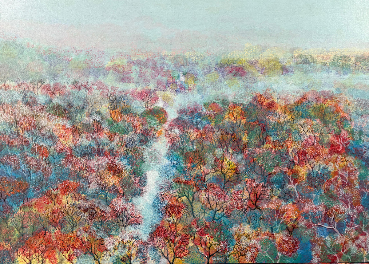 Horizontal landscape painting ; peach and green foialge under a frosty blue sky.