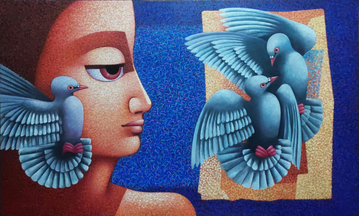 Amar Sultan original canvas painting featuring female side profile and doves on vibrant blue background