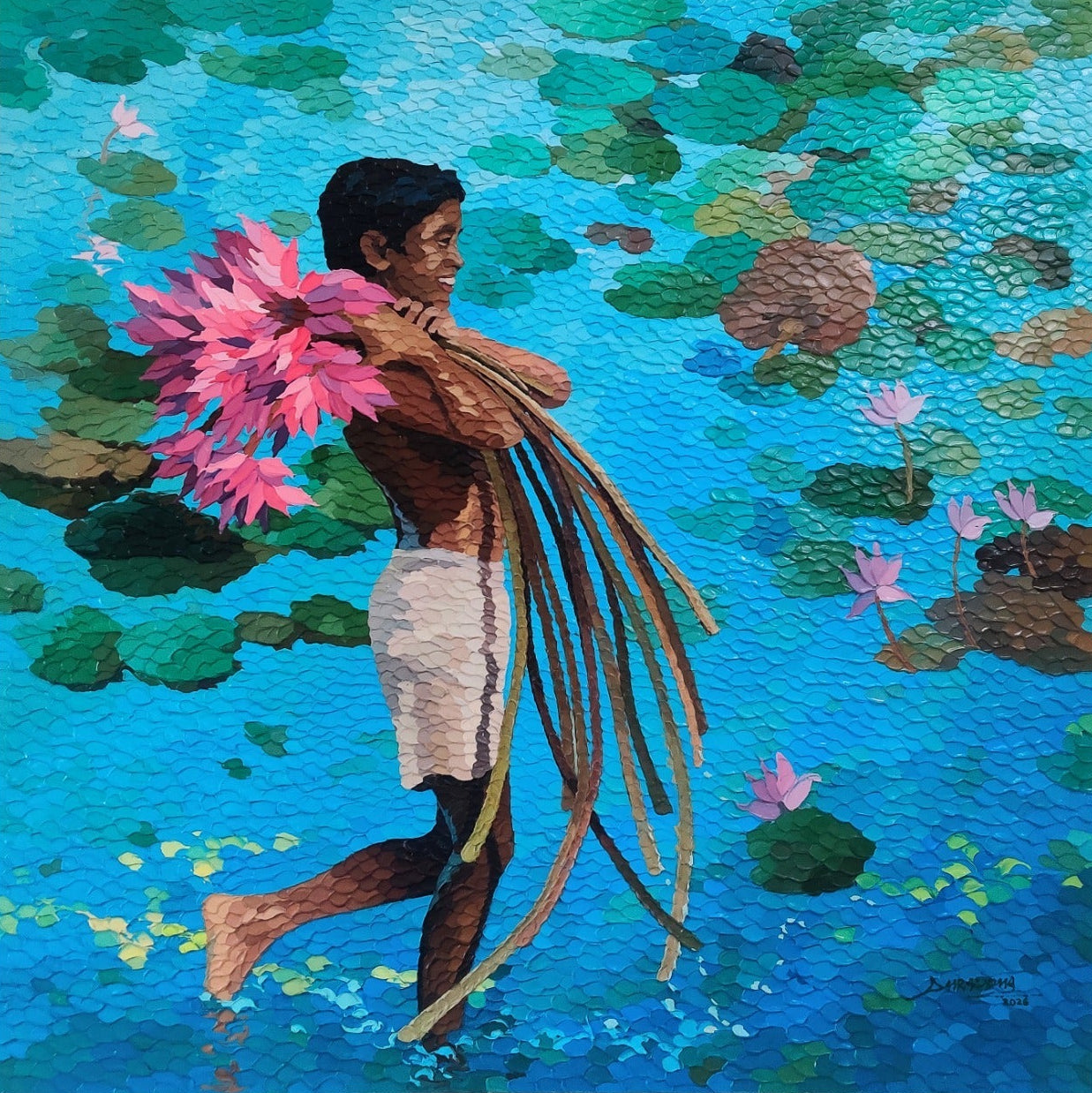 Large format Indian backwaters landscape painting by Shraddha More featuring a smiling boy carrying long-stemmed lotuses.