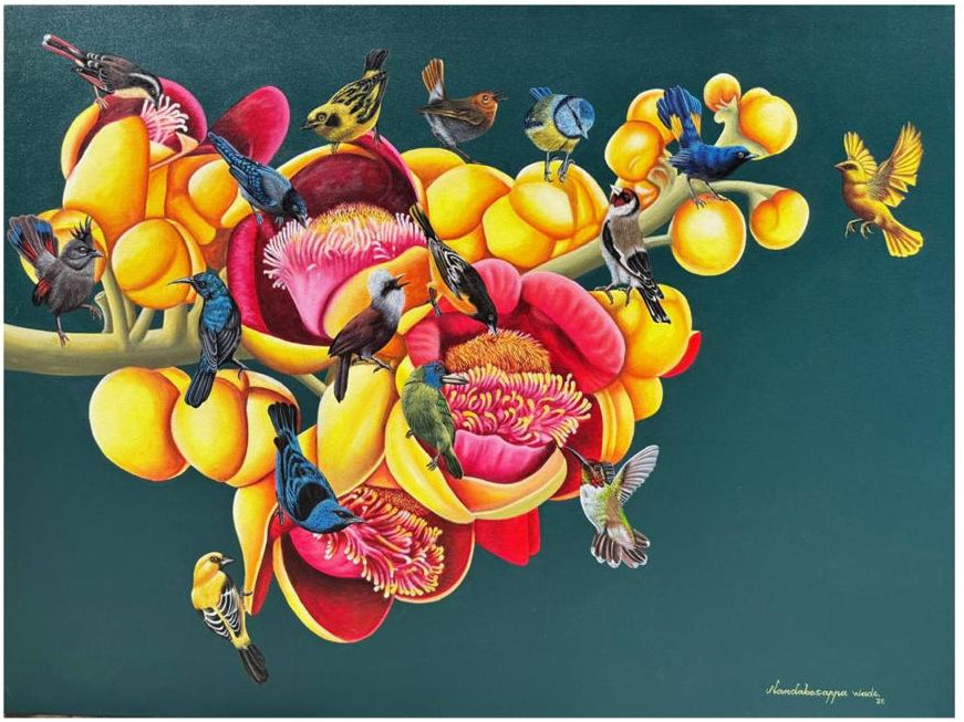 Floral Art and Birds canvas painting depicts birds feeding on nectar from yellow and pink floral stem on canvas. Fine art by Nandabasappa Wade