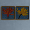 Wall display illustration pic of set of two floral paintings. Two framed paintings of red and yellow lotus flowers on a blue wall.