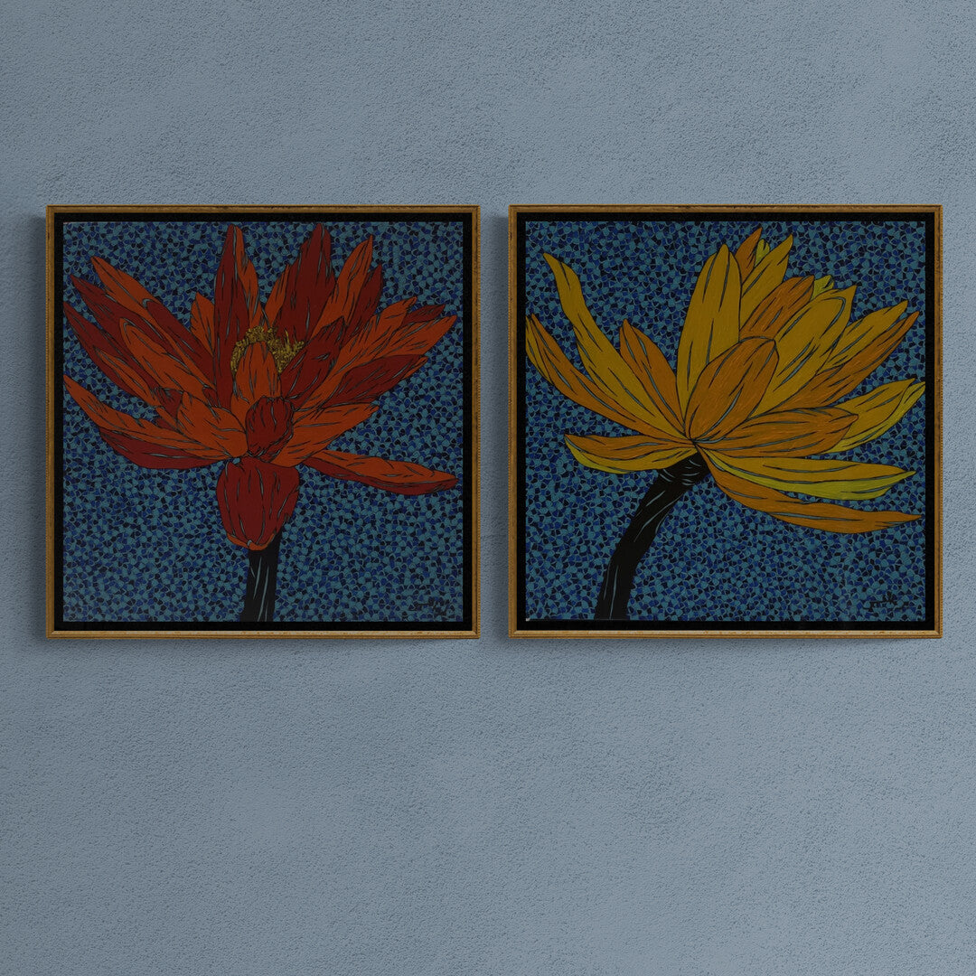 Wall display illustration pic of set of two floral paintings. Two framed paintings of red and yellow lotus flowers on a blue wall.