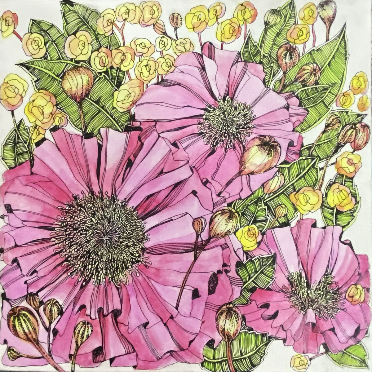 Ritu Kamath paints pink and yellow flowers with green leaves on a white background