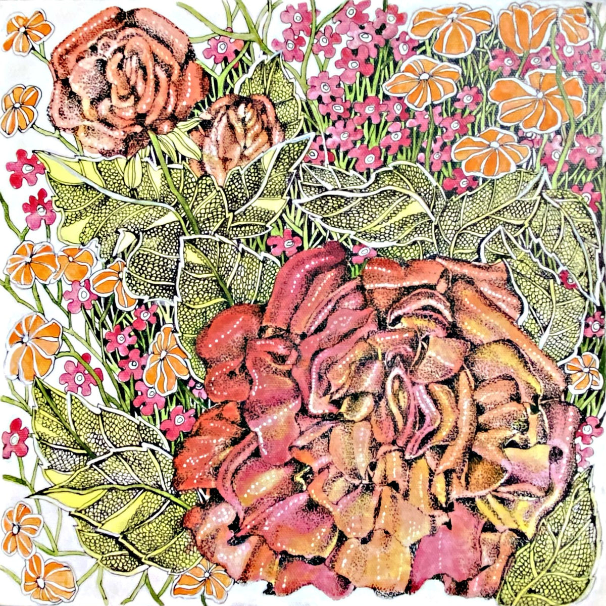 Floral painting by Ritu K features colorful blooms with pink and orange flowers and green leaves on white backdrop. 