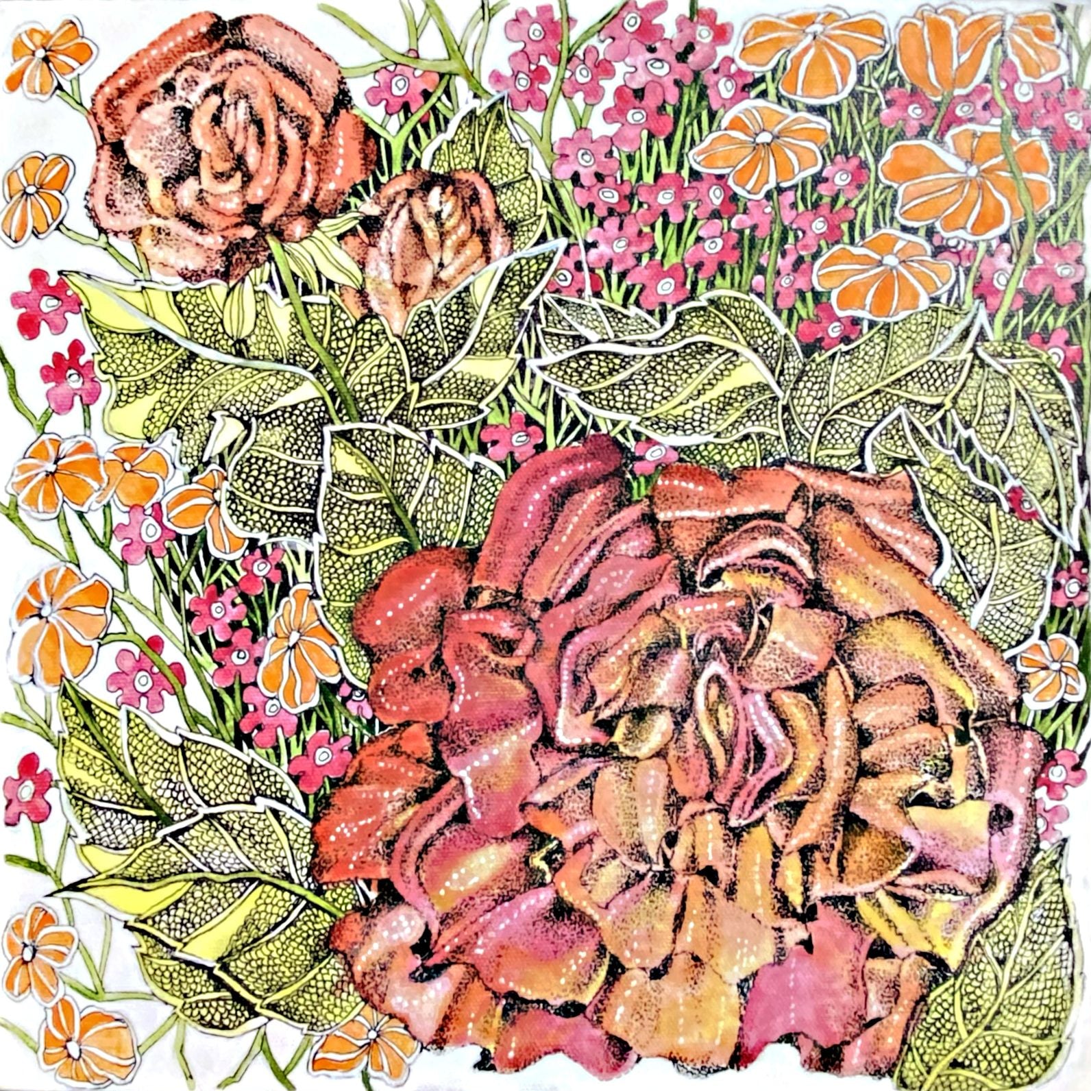 Floral painting by Ritu K features colorful blooms with pink and orange flowers and green leaves on white backdrop. 