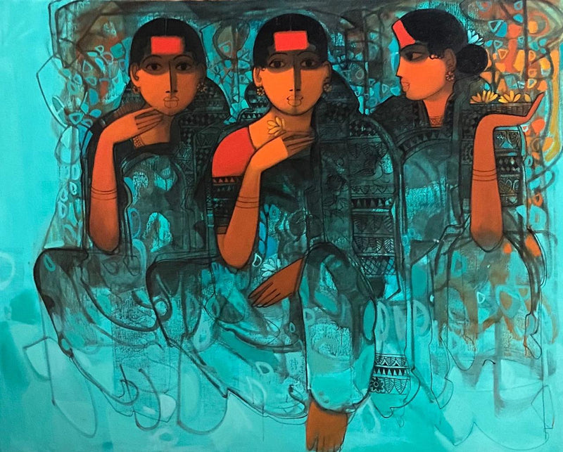 Artistic depiction of three Indian women - flower sellers with a detailed blue background and intricate details in attire.