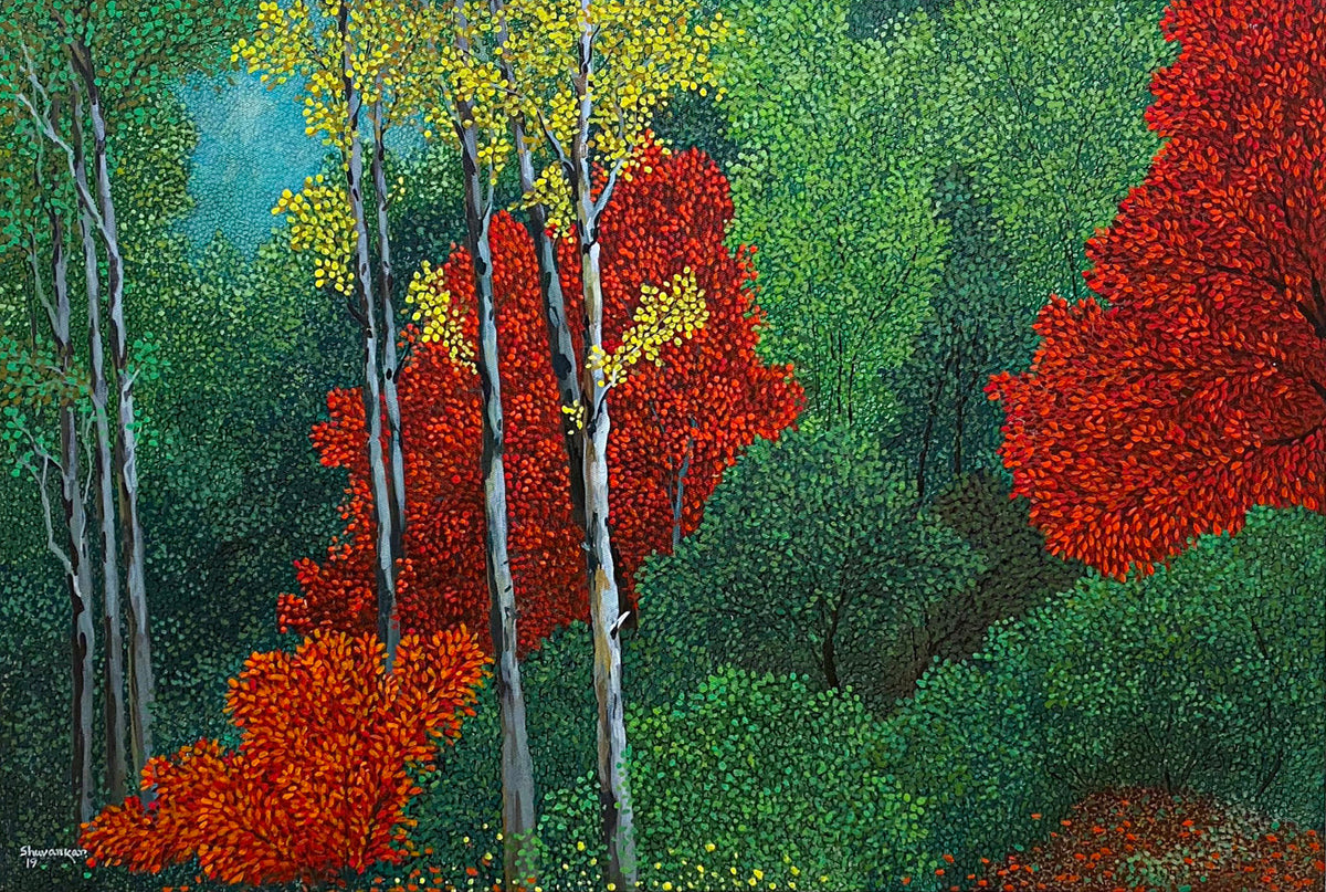 A pointillism style forest landscape painting with blooming red and green trees by Shuvankar Maitra.