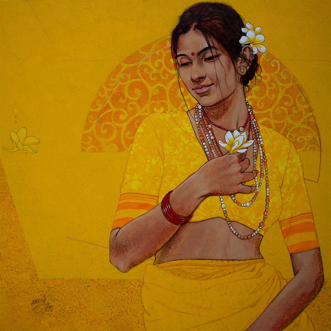 A sminiling woman with flowers in hair and hands, wearing a yellow saree with floral decorations on a yellow background. 