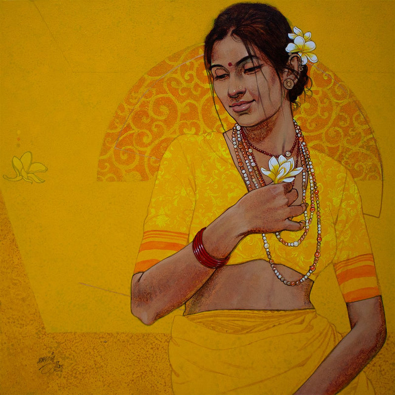 A sminiling woman with flowers in hair and hands, wearing a yellow saree with floral decorations on a yellow background. 