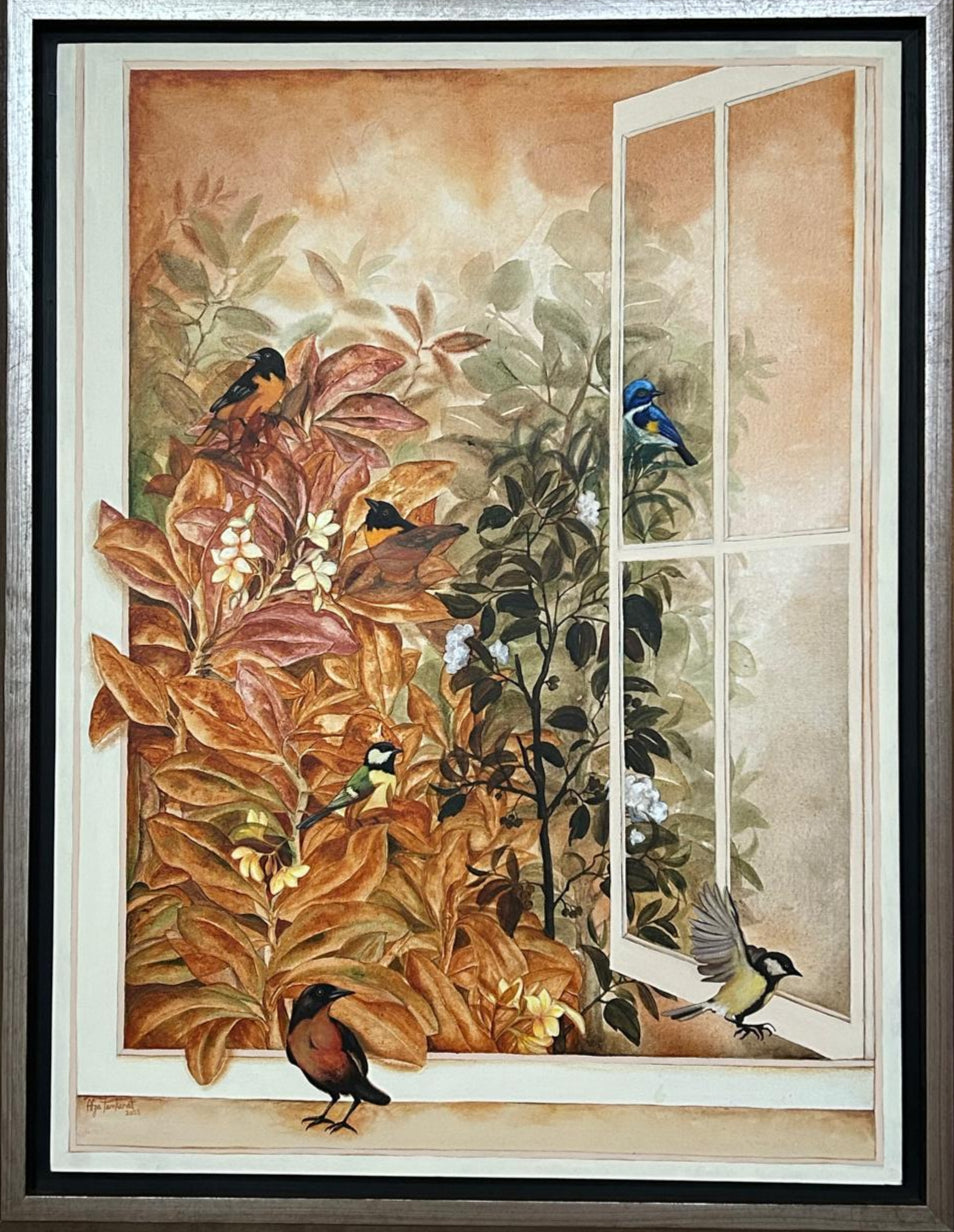 Framed by Outdoors is a nature painting by Afza Tamkanat in soft hues.