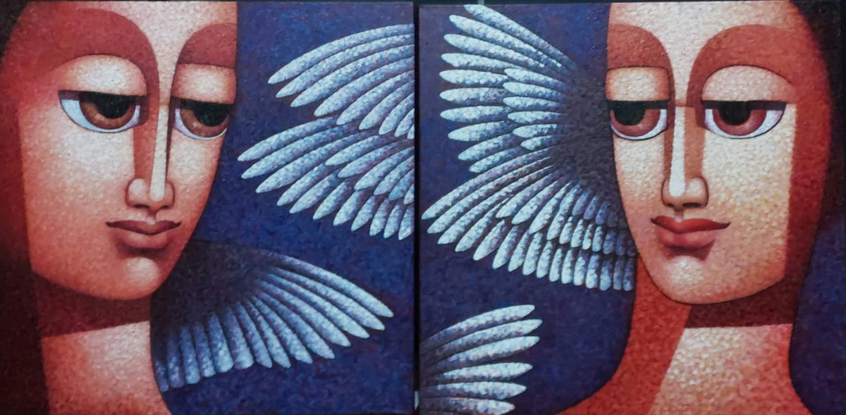 Amar Sultan original diptych in pointillism like painting depicts couple with white bird wings fluttering behind both. 