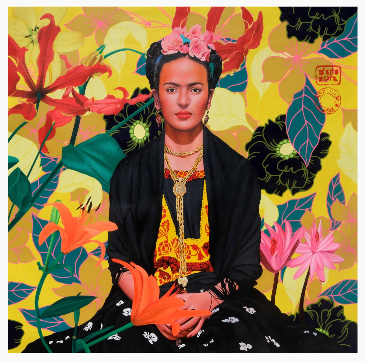 Frida Kahlo with vibrant floral background oozes grace and strength in this portrait by Oinam Dilip.