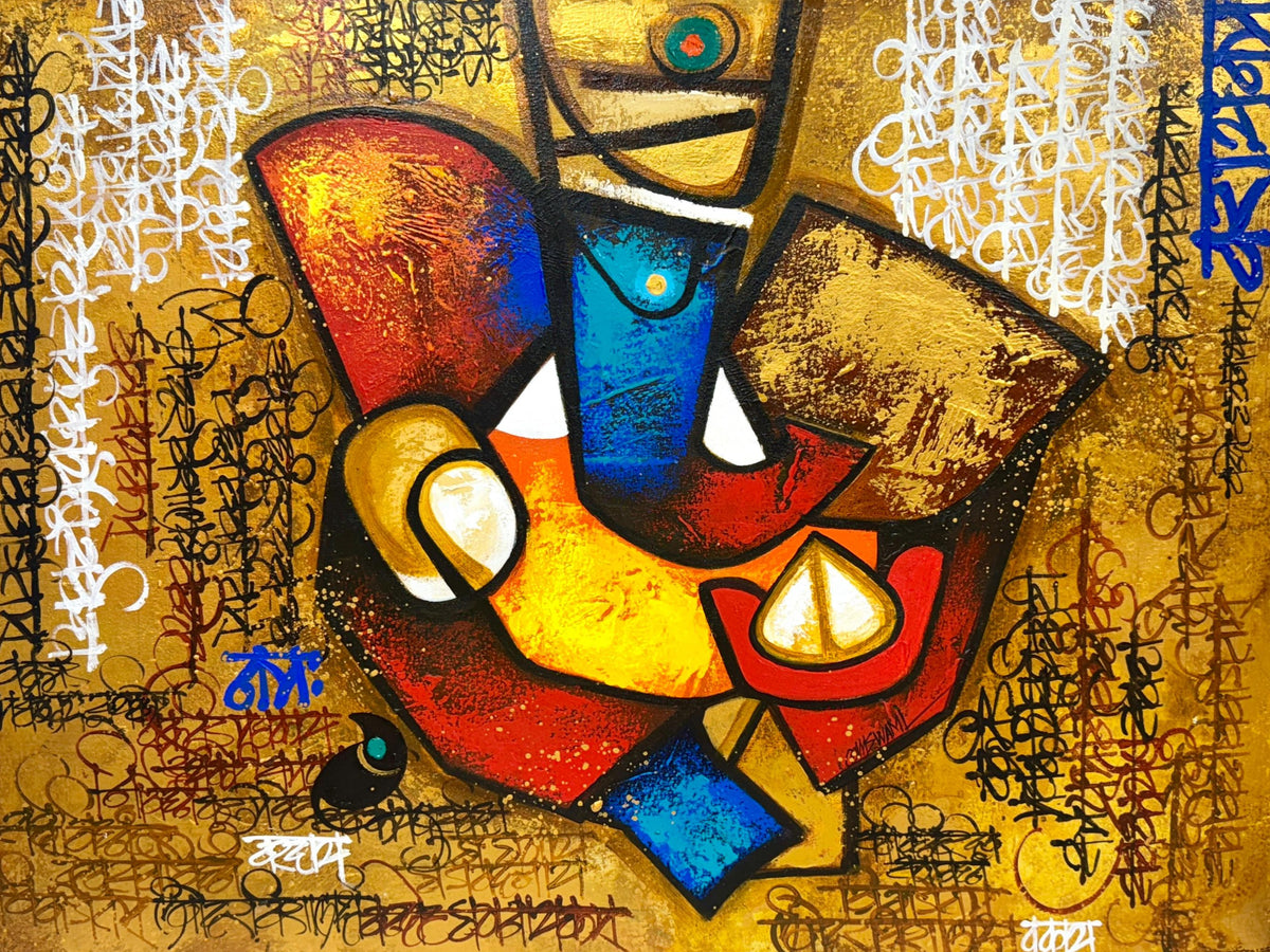 Lord Ganpati painting by Om Swami with calligraphic text upon gold background. A majestic and vibrant God Ganesha in depicted in centre using abstract elements.