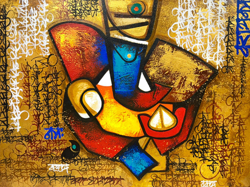 Lord Ganpati painting by Om Swami with calligraphic text upon gold background. A majestic and vibrant God Ganesha in depicted in centre using abstract elements.
