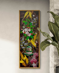 Ganapati Hegde eccentric oil painting of meditating frog is styled on modern wall.