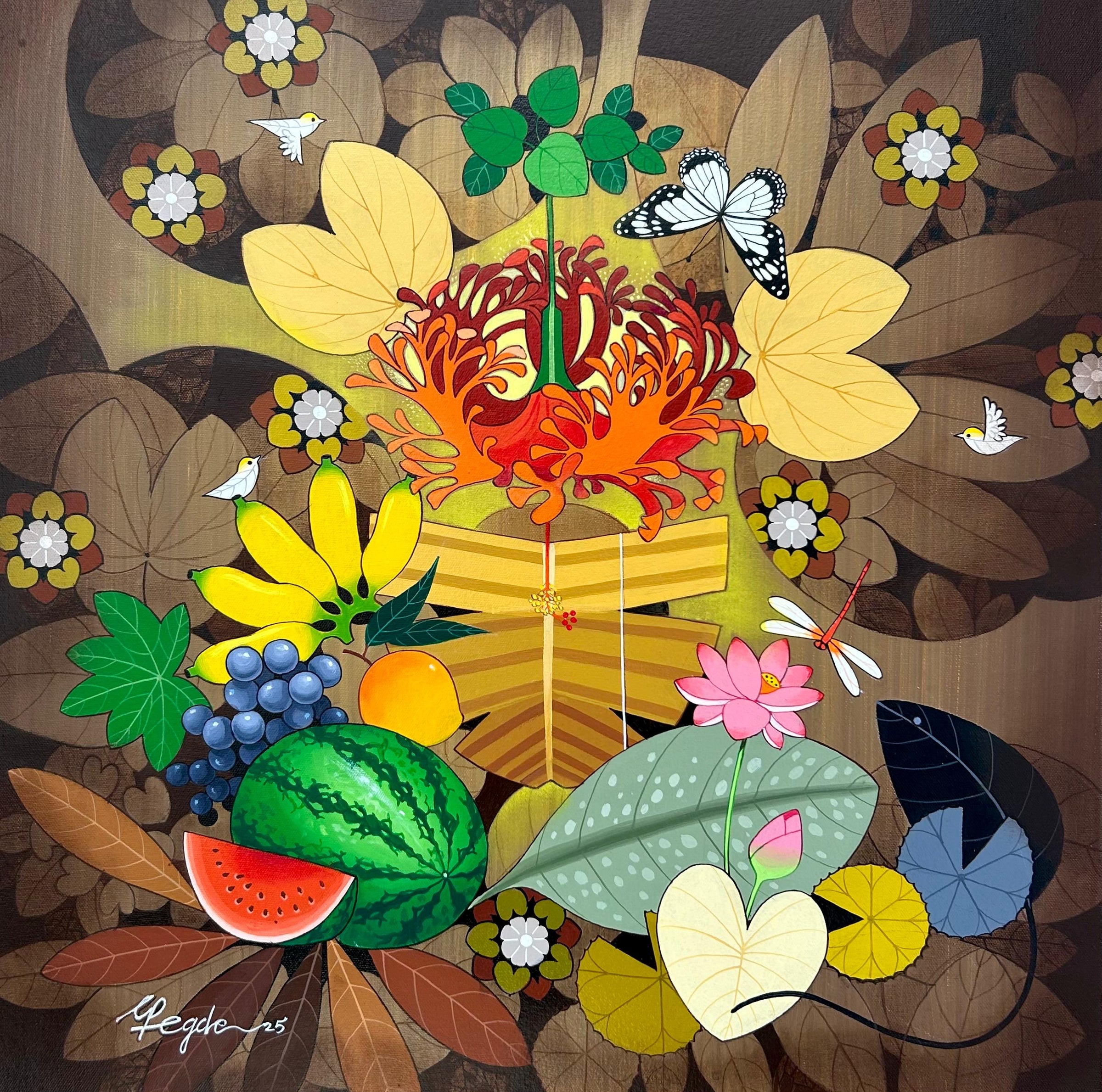Colorful illustration of flowers, fruits, and insects on a brown background to depict Lord Ganeha