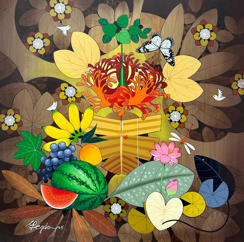 Colorful illustration of flowers, fruits, and insects on a brown background to depict Lord Ganeha