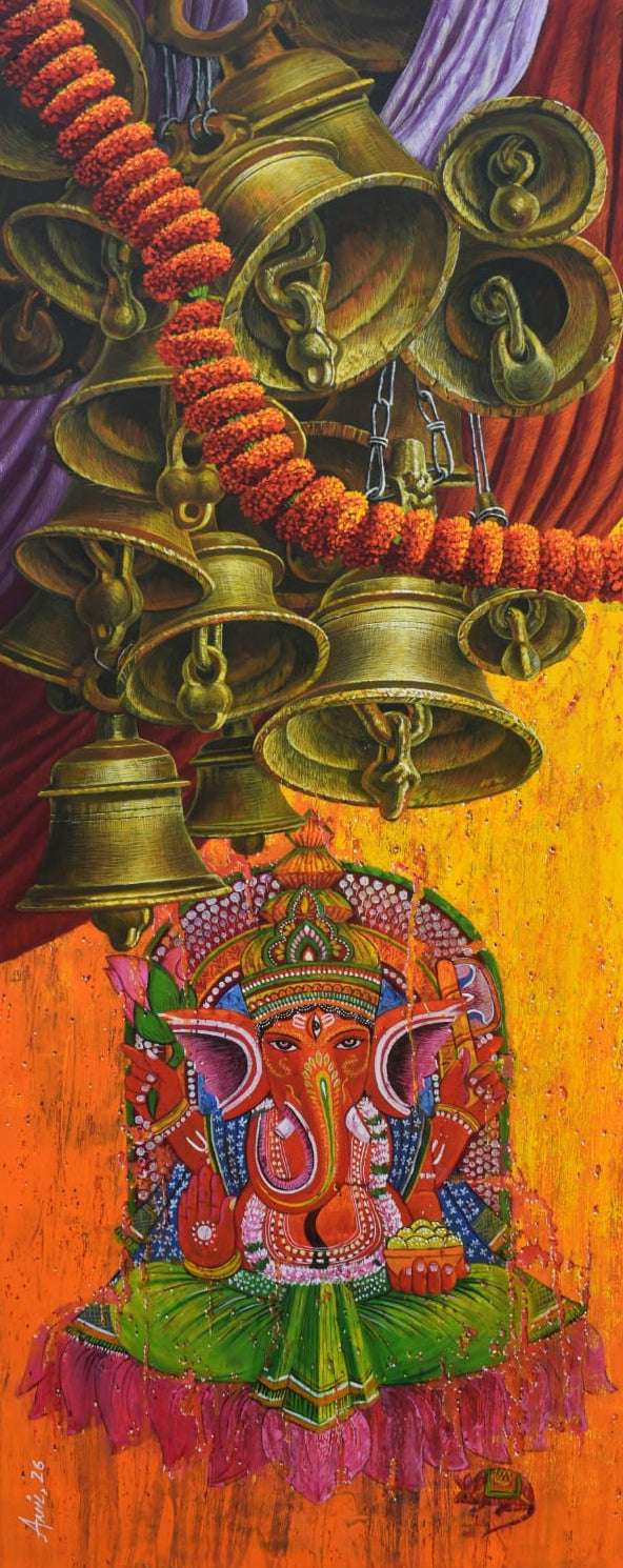Anil Yadav vertical painting of Lord Ganesha painted on wall with hanging temple bells above. 