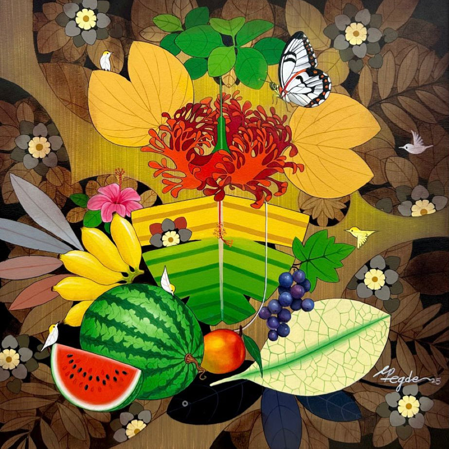 Mid-size oil painting of Lord Ganesha emerging from lush green leaves and tropical flowers by Ganpati Hegde.