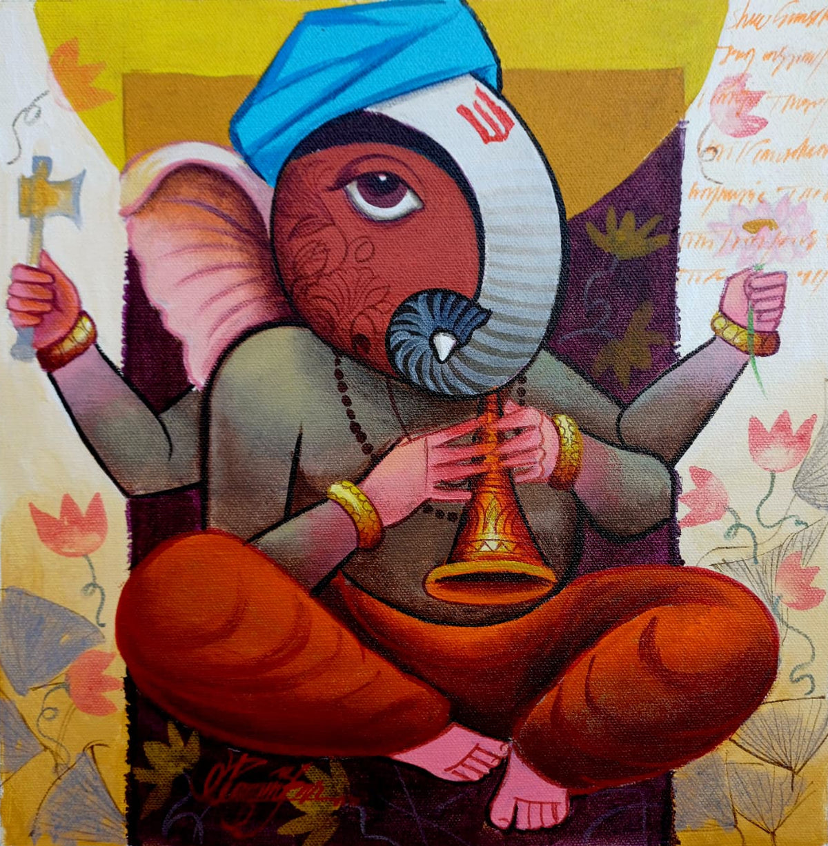 Lord Ganpati painting. Ganesha plays shehnai; fine art by Ram Onkar.