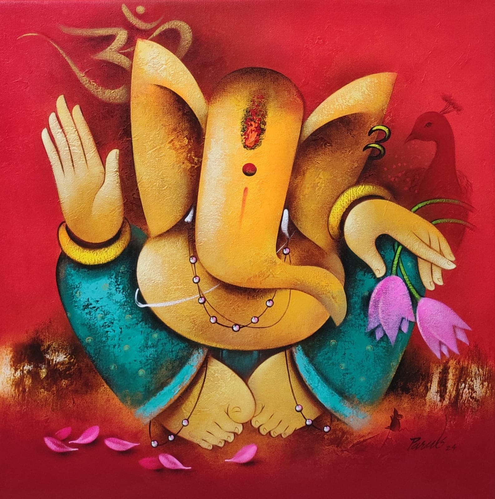 Colorful depiction of a deity Ganesha on a red background with lotus flowers and Om symbol. 