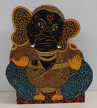 Ramakrishna Vasanthula wooden sculpture feautring the revered Lord Ganesha. Wooden sculptures with detailing on front side visible in pic.