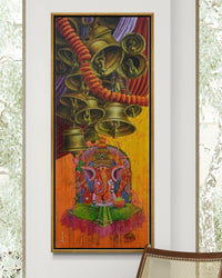Anil Yadav vertical panel painting of Lord Ganesha and temple bells. Wall display pic of painting. 