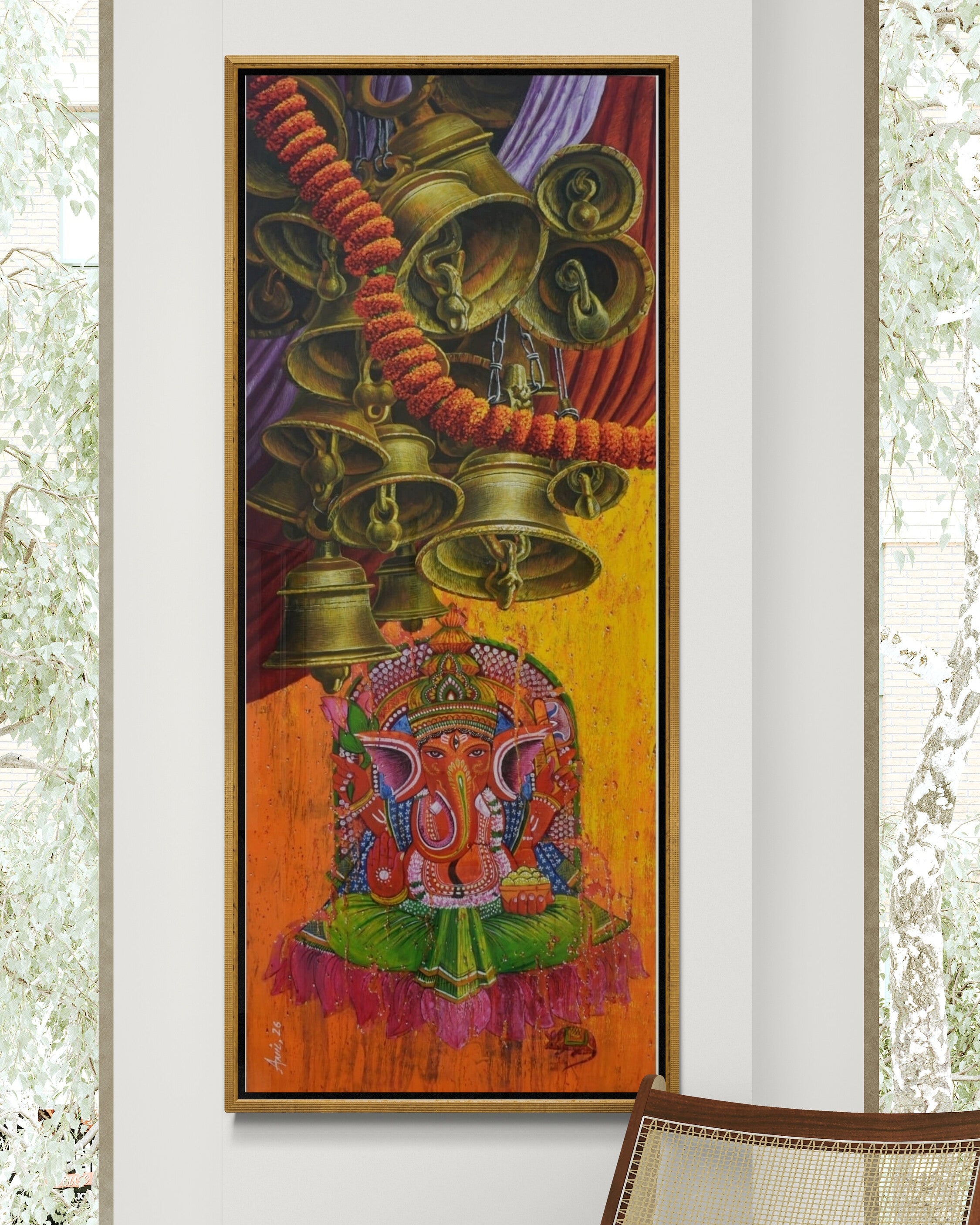 Anil Yadav vertical panel painting of Lord Ganesha and temple bells. Wall display pic of painting. 
