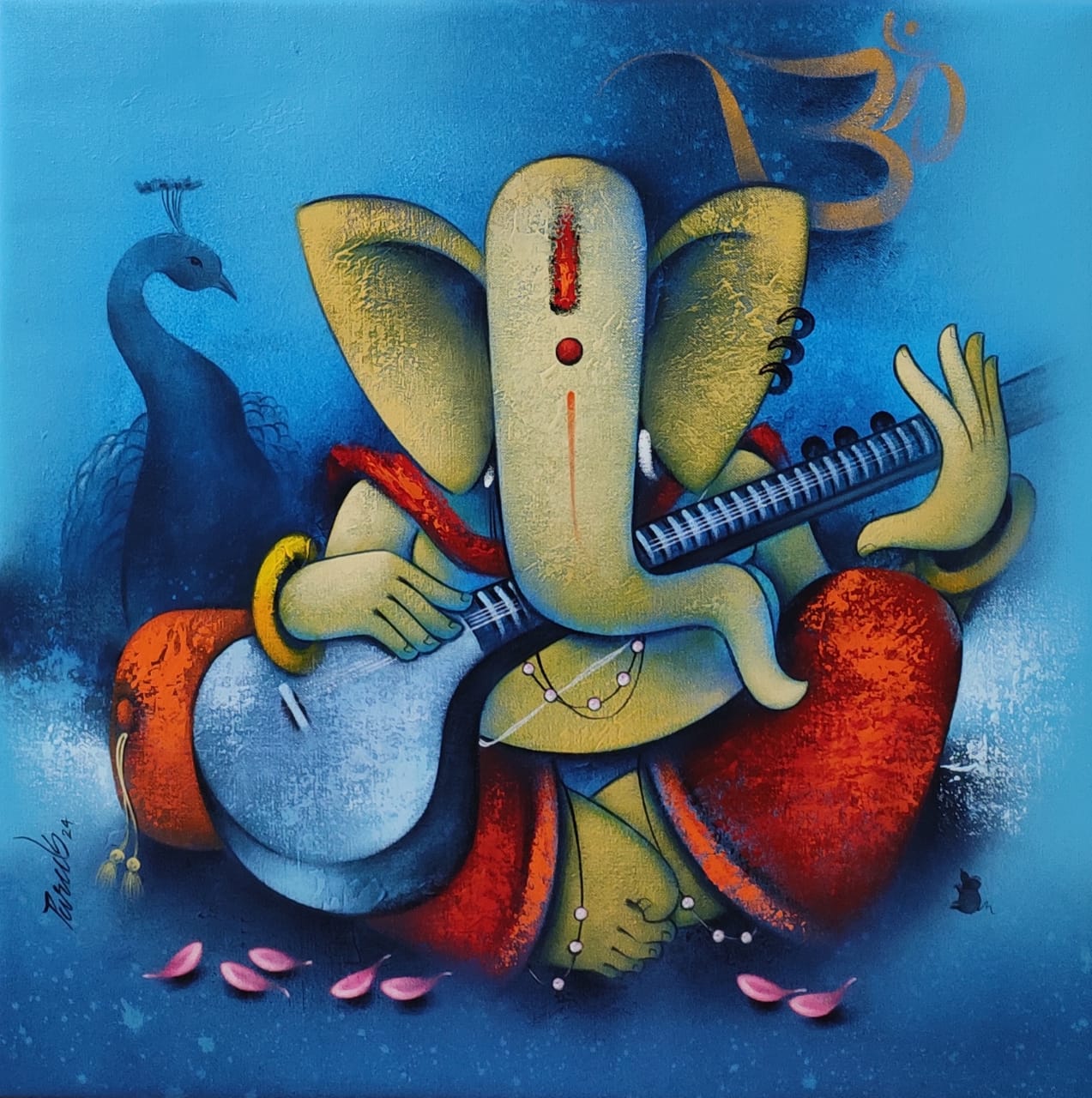 Colorful depiction of a deity playing a musical instrument sitar with a peacock on a blue background