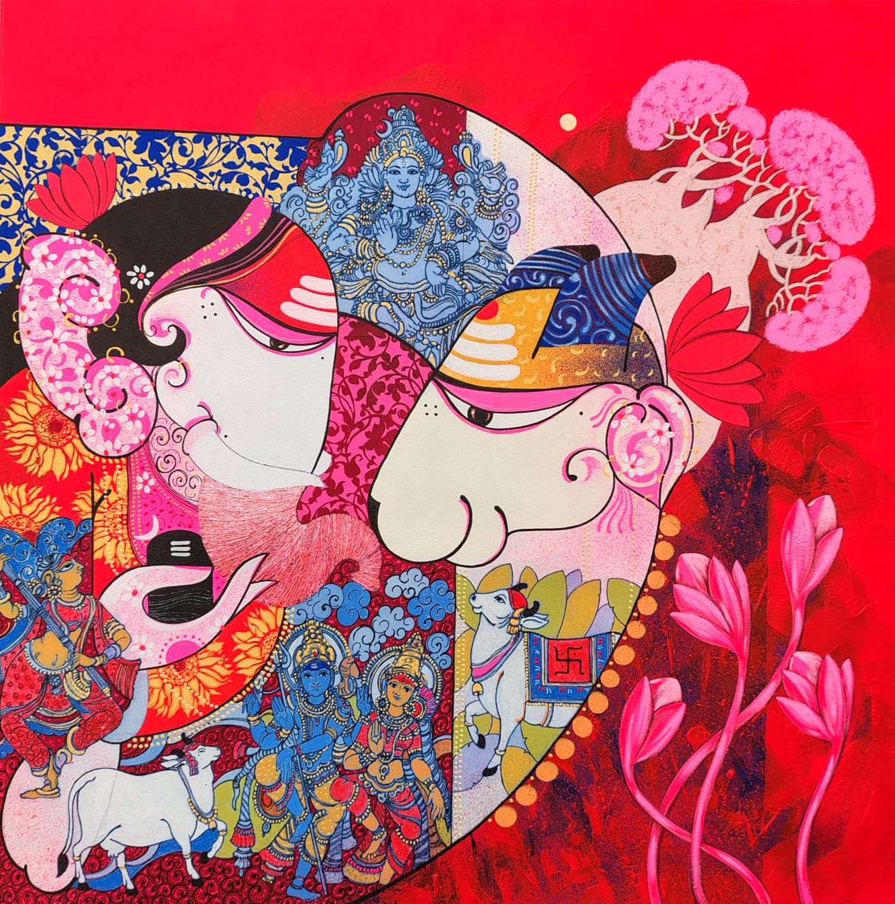 Colorful artwork with  Lord Ganesha and Nandi. More Mural deity figures are painted im foreground at bottom.