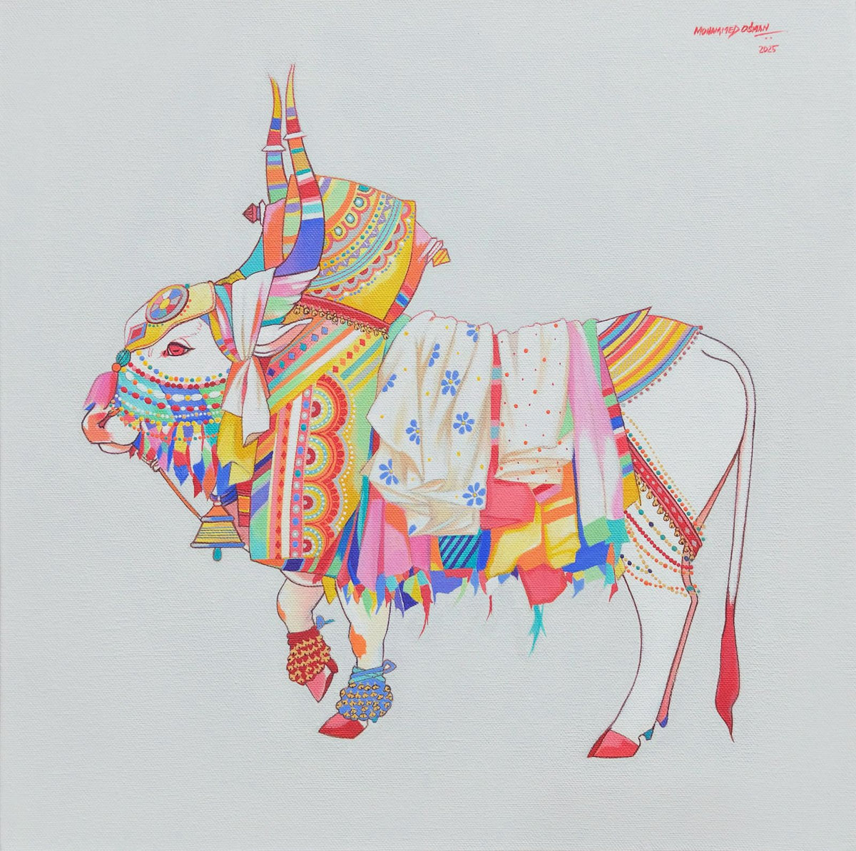 Colorful bull painting with intricate patterns on a light white background.