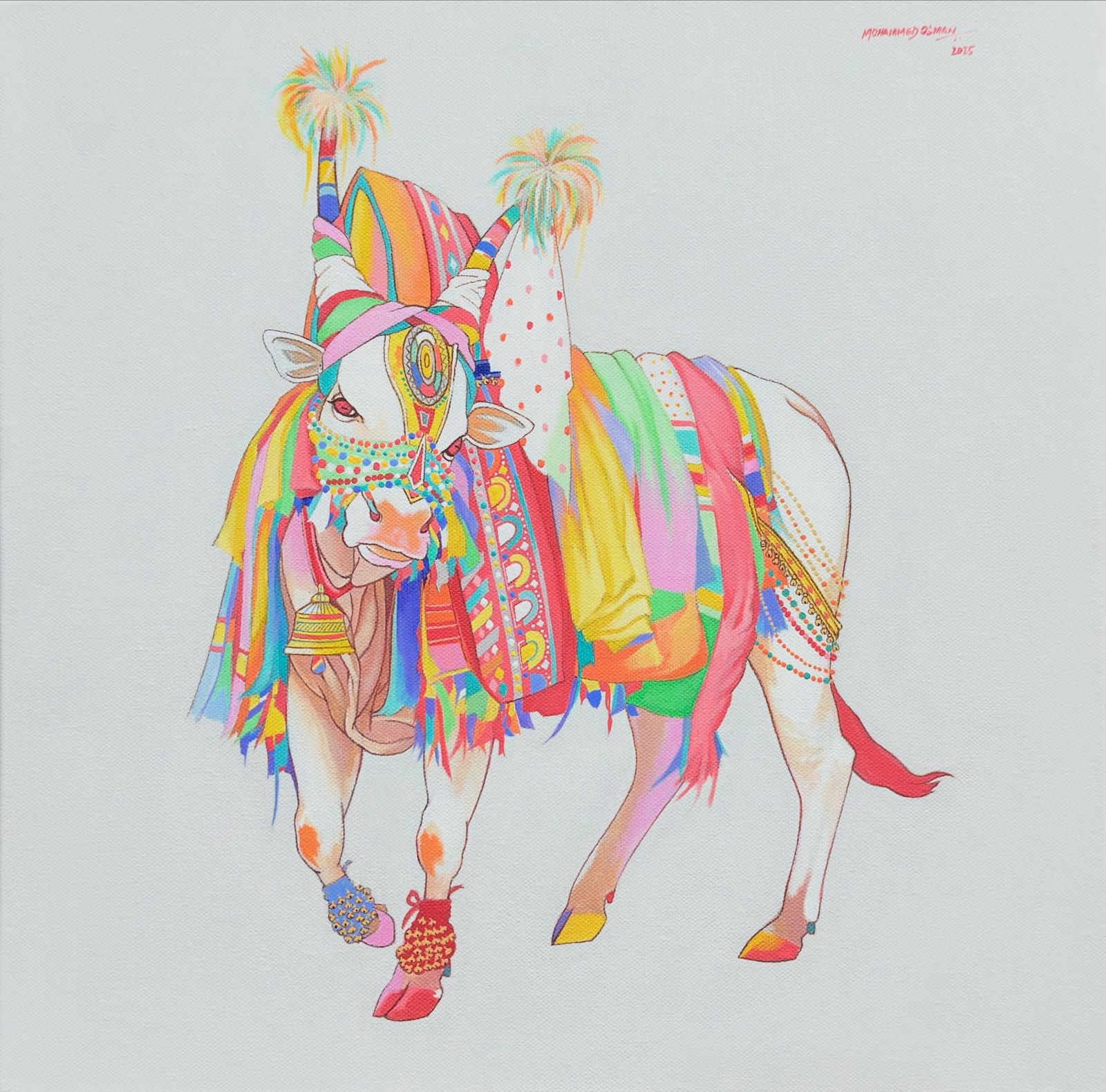 Colorful Indian bull painting, with the decorated bull  intricately designed on a white background. 