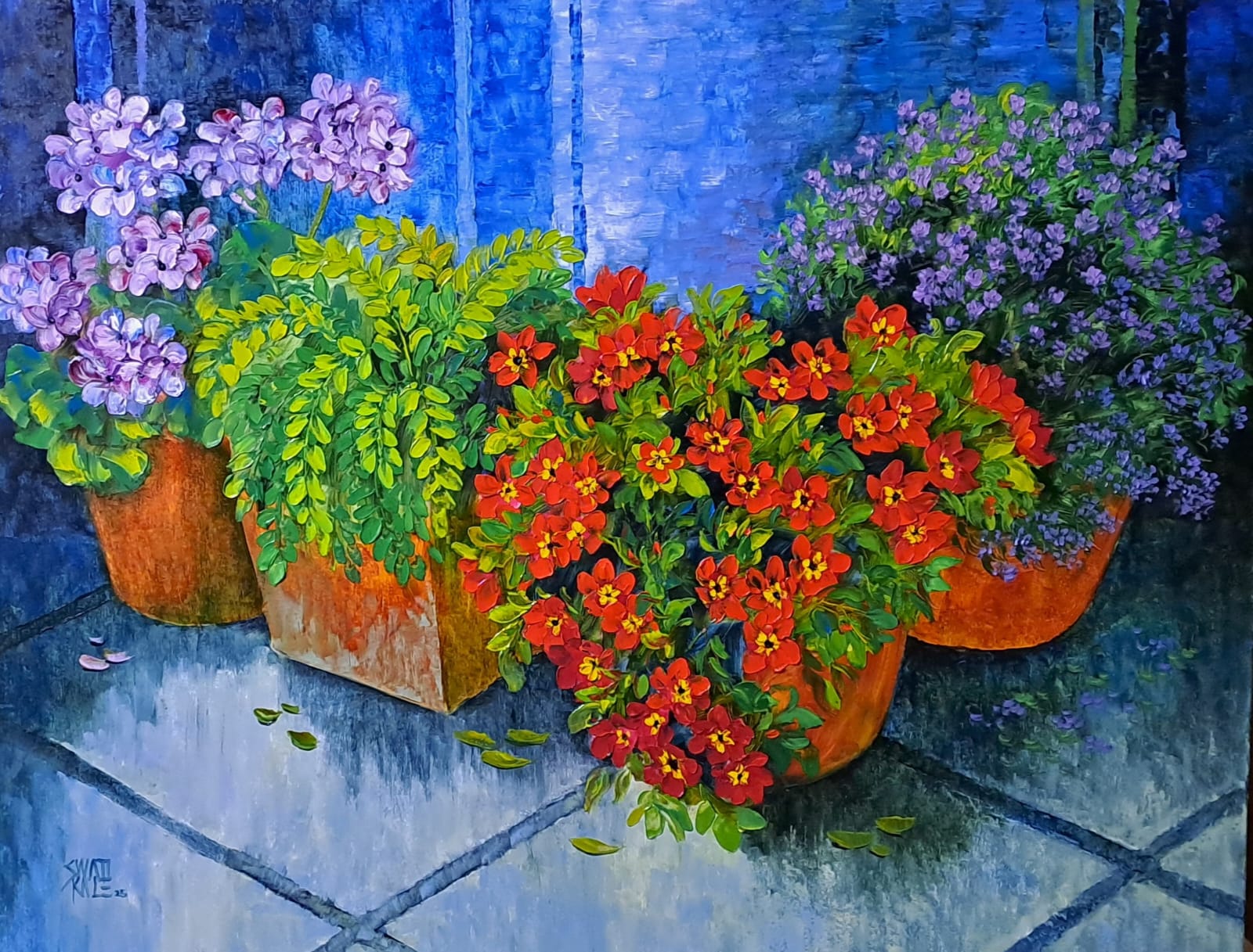 Painting of potted flowers on a tiled floor with a blue wall.