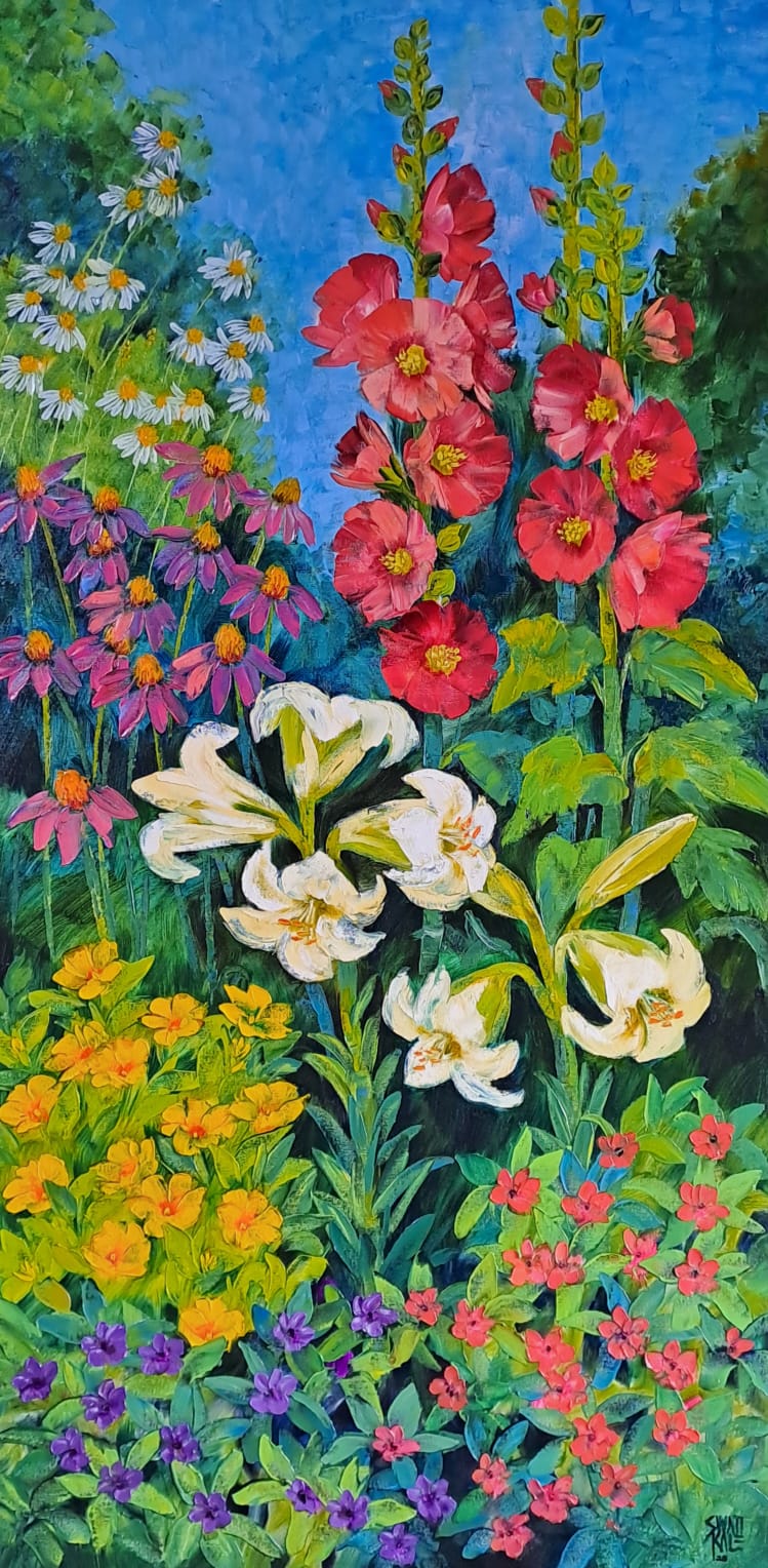 Colorful painting of a garden with various flowers including pink, white, yellow, and purple.