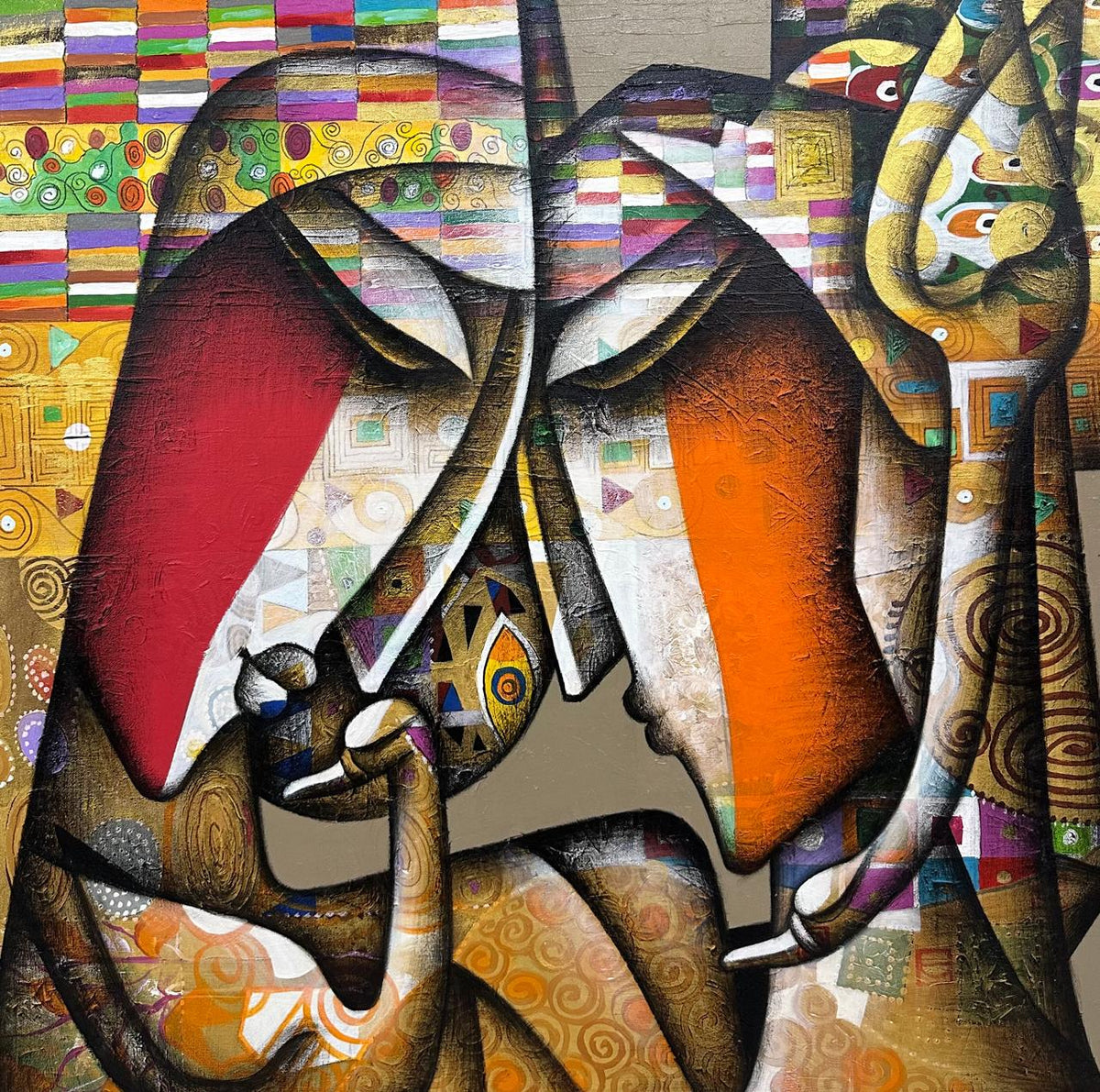 Intimate couple face portrait painting with geometric patterns in earthy tones by Jagannath Paul