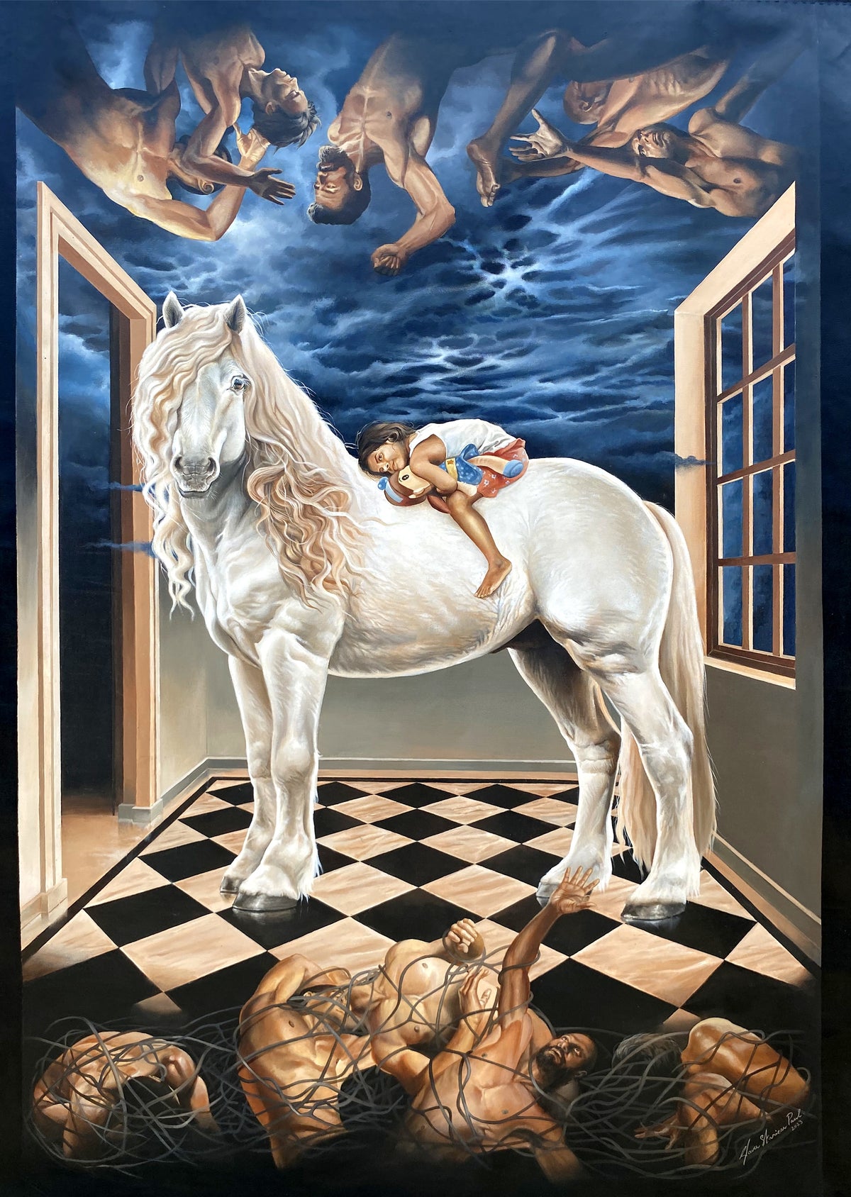 Artwork by Glower Staniear Paul featuring stallion and a horse with human bodies entangled in roof and on floor. Thematic Art,