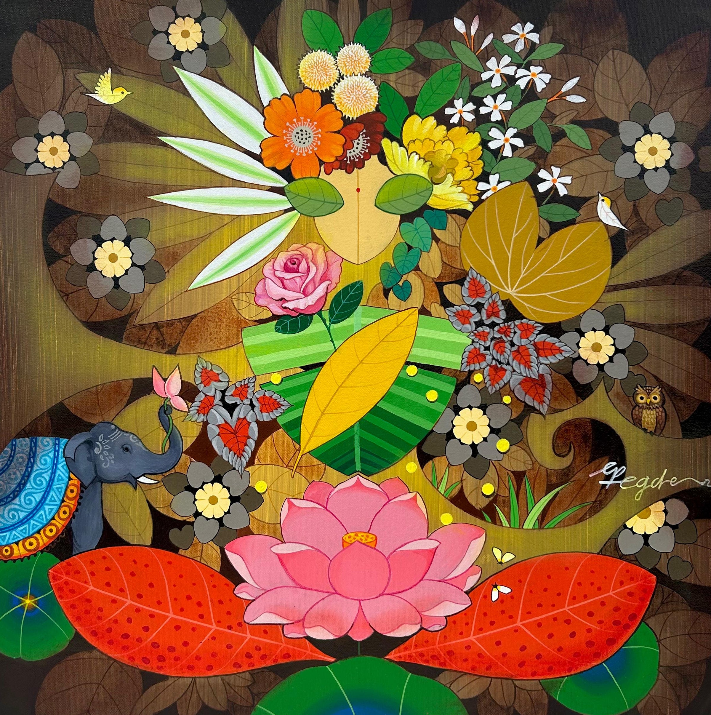 Colorful illustration of Goddess Lakshmi with floral and nature elements