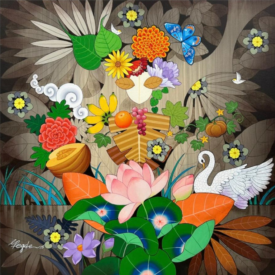 Goddess Saraswati emerges from shapes and forms within nature. 