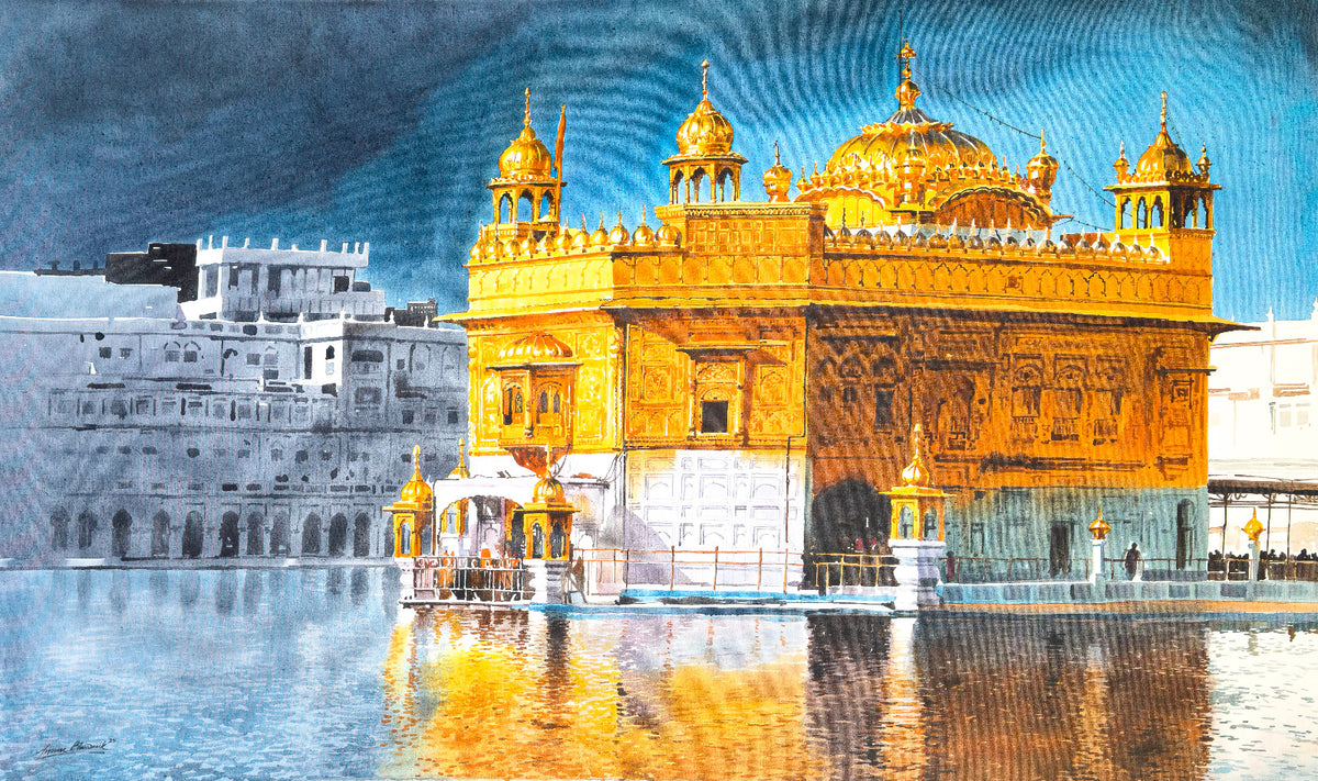 Large 5ft Golden Temple painting with azure sky and water reflection by Arpan Bhowmik