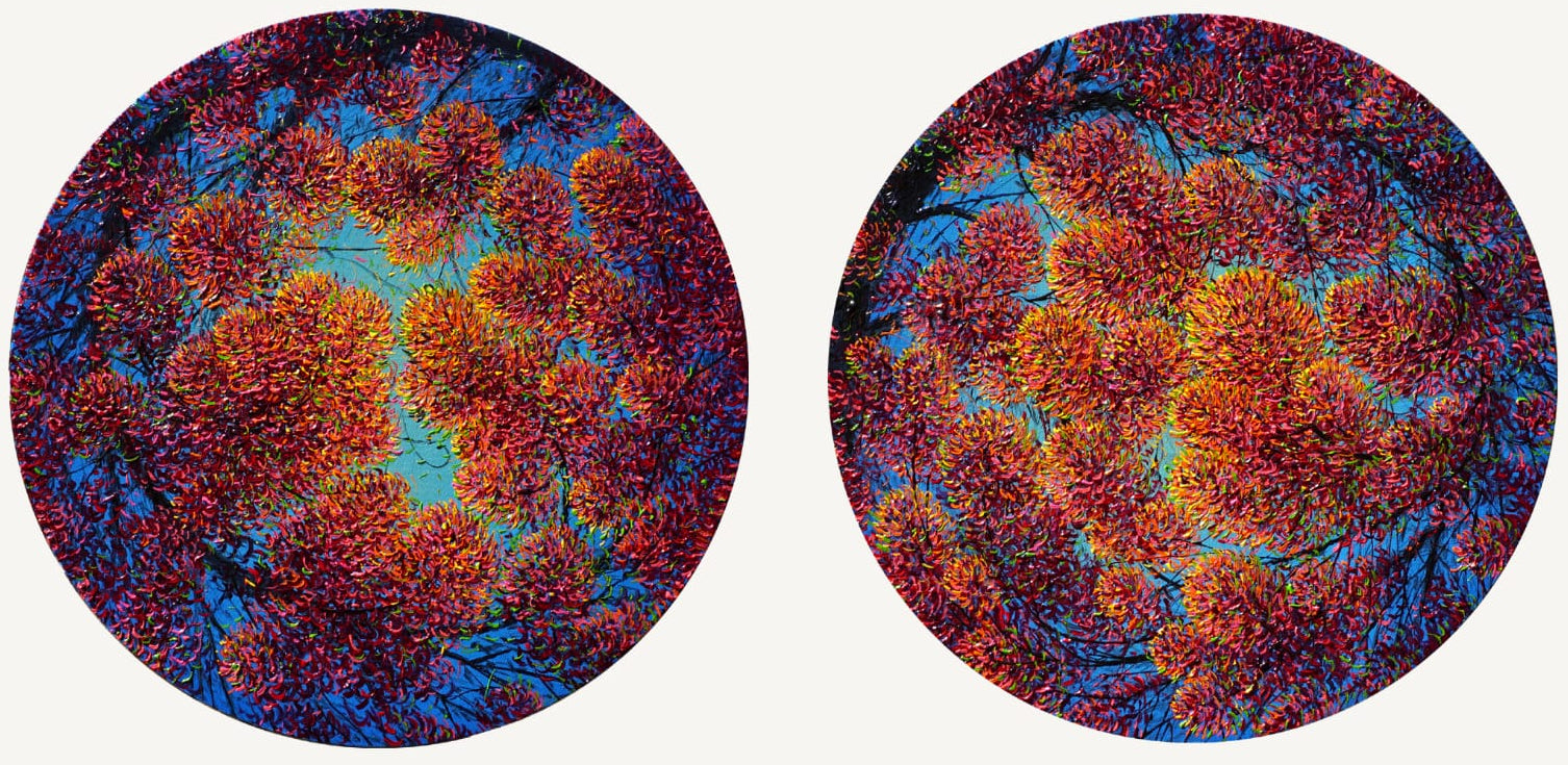 Nature landscape art set of two circular paintings with golden pink tree blossoms.