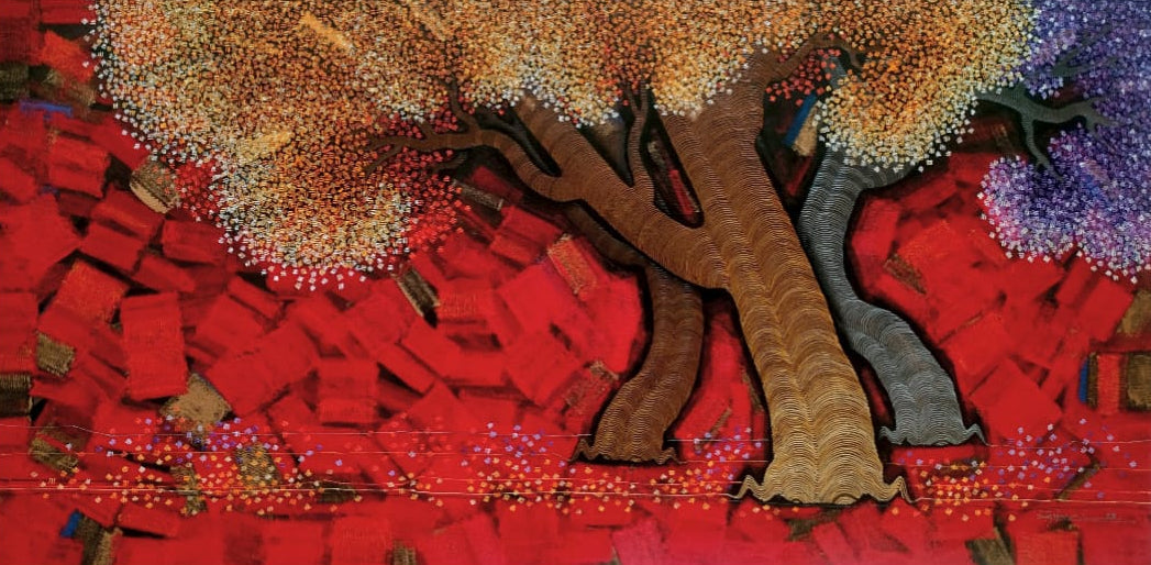 Fine art painting depicts trees; Golden and lavender blossom trees on Red canvas backdrop.