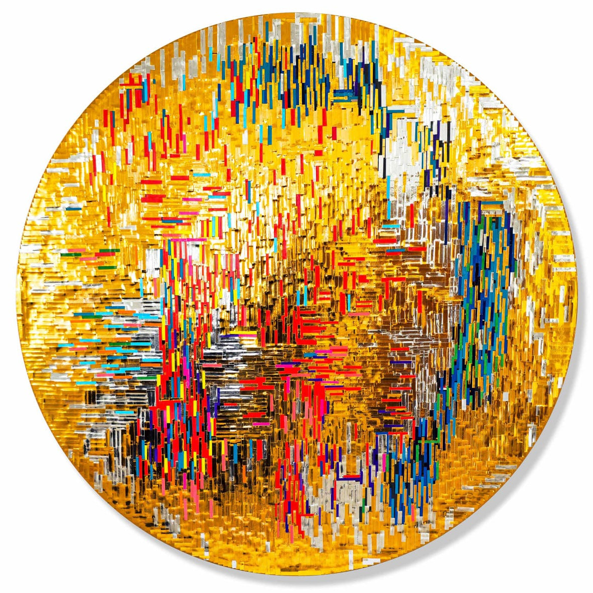 Suresh P Kumar circular mixed media statement piece in gold tone with red and blue accents.