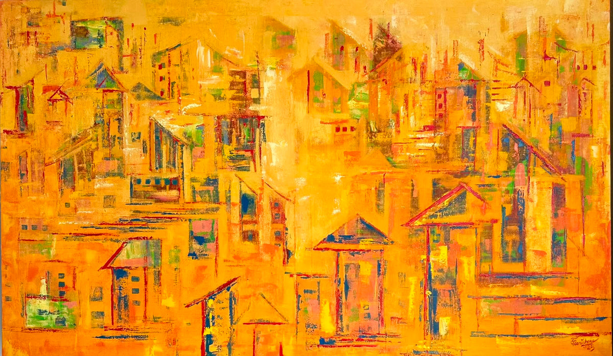 Bright yellow abstract cityscape painting by Karishma Wadhwa featuring huts.