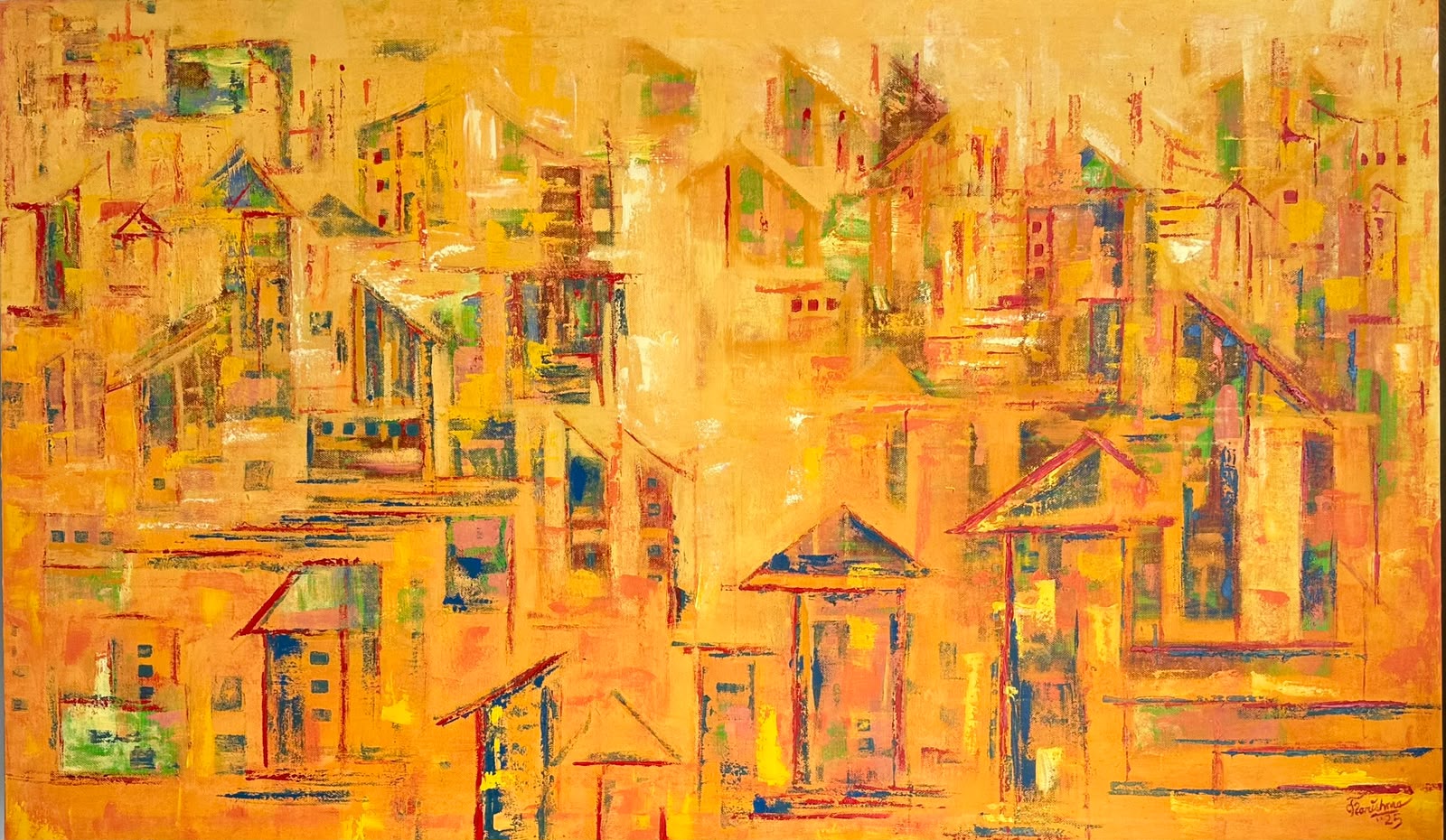 Bright yellow abstract cityscape painting by Karishma Wadhwa featuring huts.